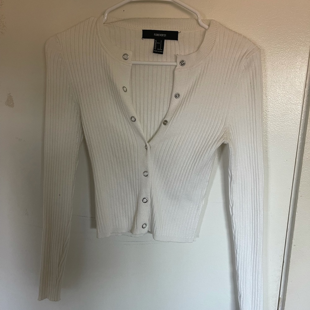 Forever21 White Knit Button Up Sweater
